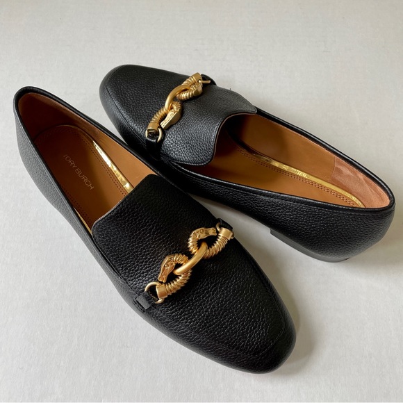 Tory Burch Shoes - NEW Tory Burch Jessa Loafer Flats Black Pebbled Leather Gold Dragon Emblems 8.5